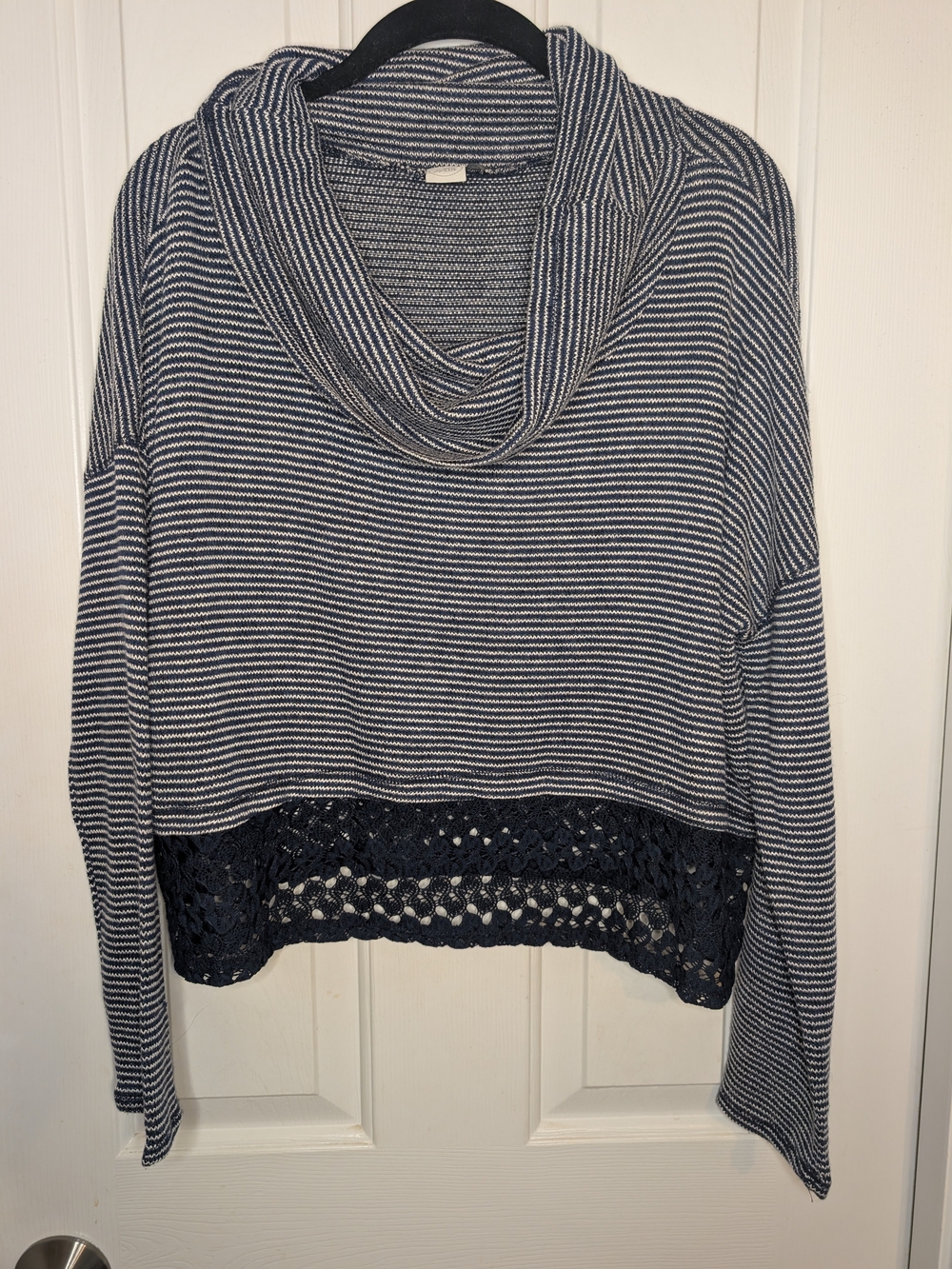 Paper Crane Navy and White Striped Cowl Neck Sweater with Crochet Hem